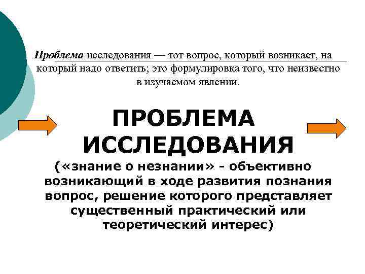 Проблема исследования — тот вопрос, который возникает, на который надо ответить; это формулировка того,