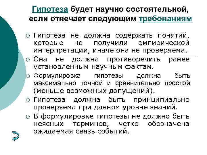 Гипотеза будет научно состоятельной, если отвечает следующим требованиям ¡ ¡ ¡ Гипотеза не должна
