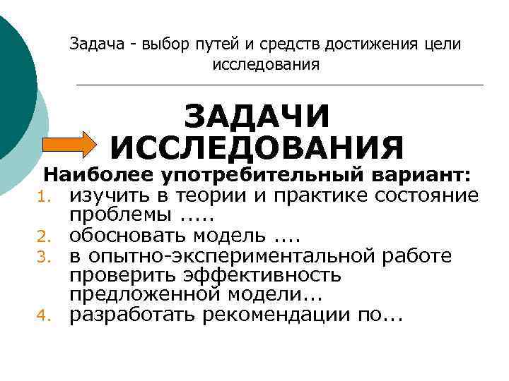 Задача - выбор путей и средств достижения цели исследования ЗАДАЧИ ИССЛЕДОВАНИЯ Наиболее употребительный вариант: