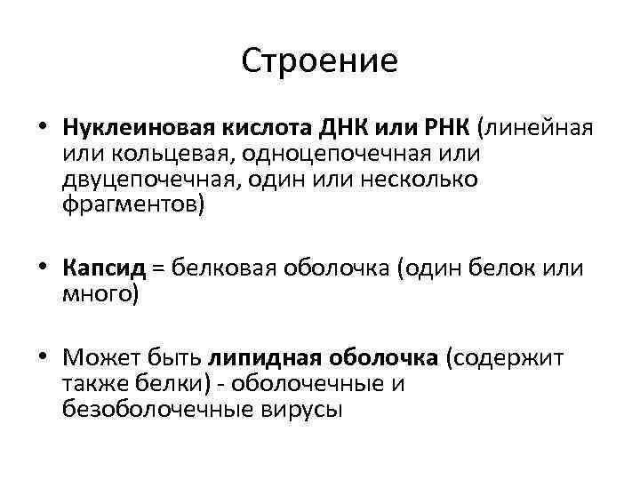 Строение • Нуклеиновая кислота ДНК или РНК (линейная или кольцевая, одноцепочечная или двуцепочечная, один