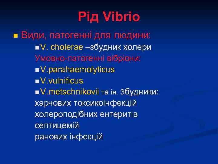 Рід Vibrio n Види, патогенні для людини: n V. cholerae –збудник холери Умовно-патогенні вібріони: