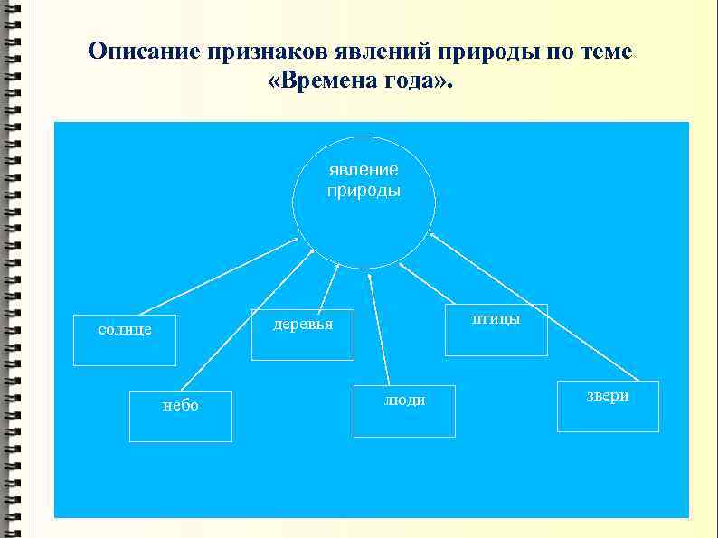 Описание признаков явлений природы по теме «Времена года» . явление природы птицы деревья солнце