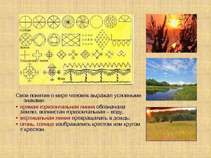 Свои понятия о мире человек выражал условными знаками: • прямая горизонтальная линия обозначала землю,
