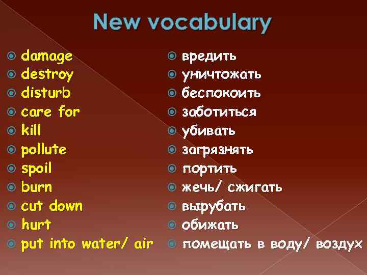 New vocabulary damage destroy disturb care for kill pollute spoil burn cut down hurt