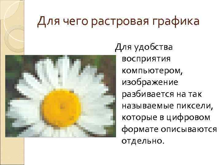 Для чего растровая графика Для удобства восприятия компьютером, изображение разбивается на так называемые пиксели,