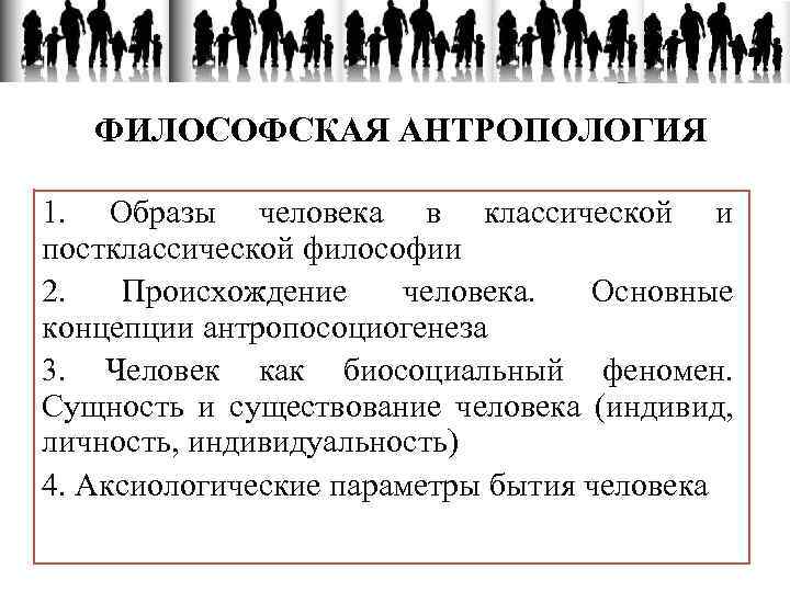 ФИЛОСОФСКАЯ АНТРОПОЛОГИЯ 1. Образы человека в классической и постклассической философии 2. Происхождение человека. Основные