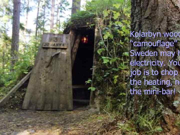 Kolarbyn wood “camouflage” h Sweden may h electricity. You job is to chop the