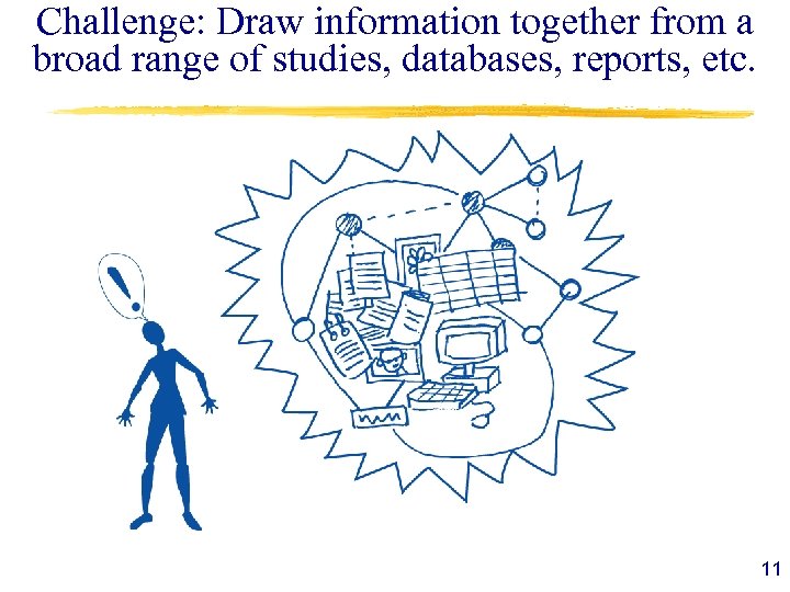 Challenge: Draw information together from a broad range of studies, databases, reports, etc. 11