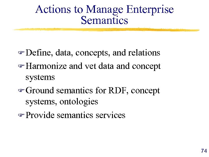 Actions to Manage Enterprise Semantics F Define, data, concepts, and relations F Harmonize and