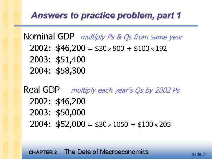 Answers to practice problem, part 1 Nominal GDP multiply Ps & Qs from same