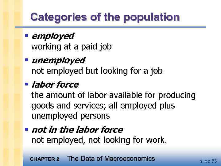 Categories of the population § employed working at a paid job § unemployed not