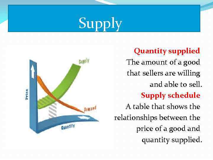 Supply Quantity supplied The amount of a good that sellers are willing and able