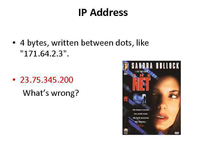 IP Address • 4 bytes, written between dots, like "171. 64. 2. 3". •