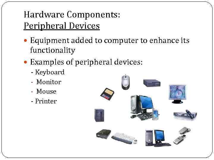 Hardware Components: Peripheral Devices Equipment added to computer to enhance its functionality Examples of