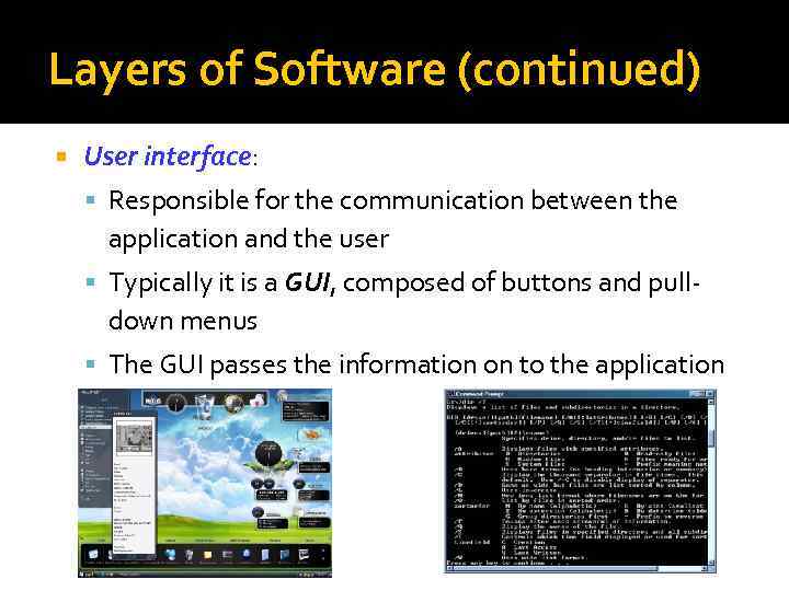 Layers of Software (continued) User interface: Responsible for the communication between the application and