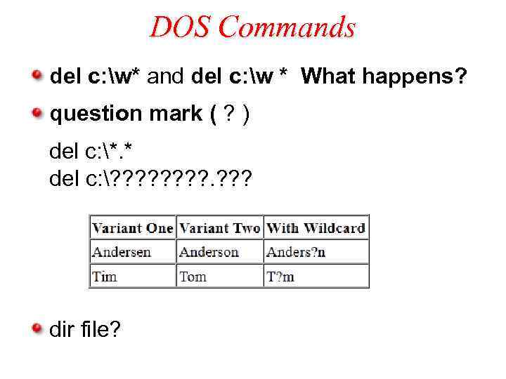 DOS Commands del c: w* and del c: w * What happens? question mark