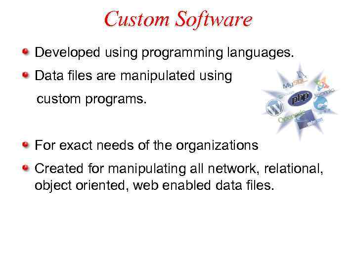 Custom Software Developed using programming languages. Data files are manipulated using custom programs. For