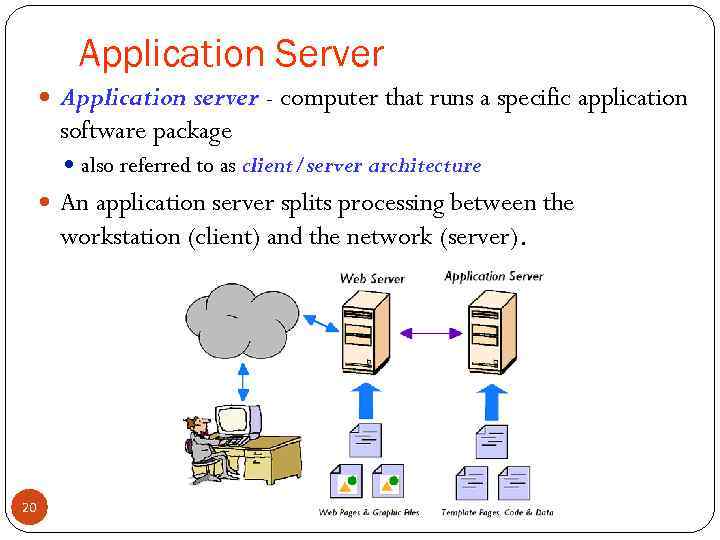 Application Server Application server - computer that runs a specific application software package also