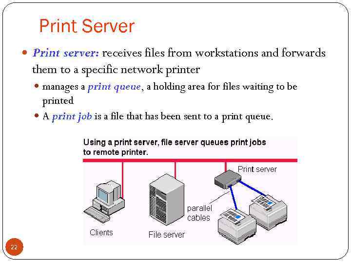 Print Server Print server: receives files from workstations and forwards them to a specific