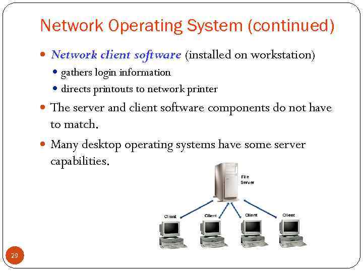 Network Operating System (continued) Network client software (installed on workstation) gathers login information directs