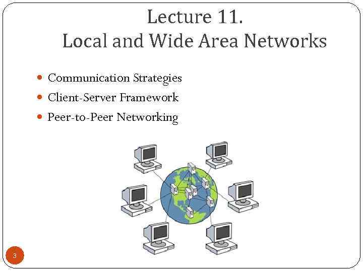 Lecture 11. Local and Wide Area Networks Communication Strategies Client-Server Framework Peer-to-Peer Networking 3