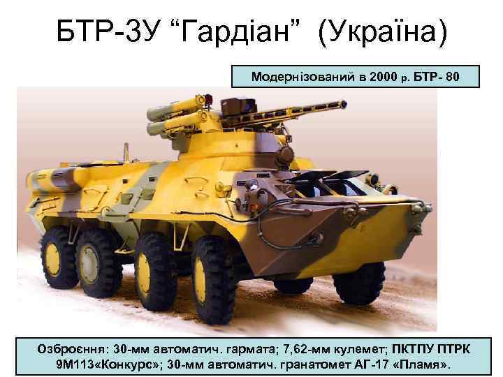 БТР-3 У “Гардіан” (Україна) Модернізований в 2000 р. БТР- 80 Озброєння: 30 -мм автоматич.