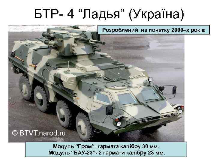 БТР- 4 “Ладья” (Україна) Розроблений на початку 2000–х років Модуль “Гром”- гармата калібру 30