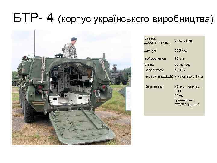 БТР- 4 (корпус українського виробництва) Екіпаж Десант – 8 чол. 3 чоловіка Двигун 500