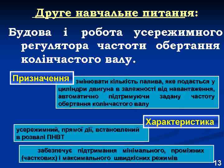 Друге навчальне питання: Будова і робота усережимного регулятора частоти обертання колінчастого валу. Призначення змінювати