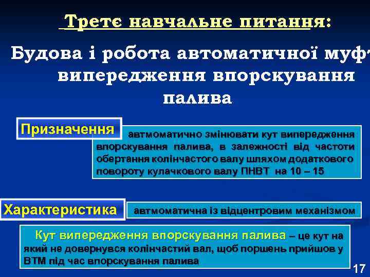 Третє навчальне питання: Будова і робота автоматичної муфт випередження впорскування палива Призначення автмоматично змінювати