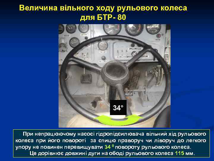 Величина вільного ходу рульового колеса для БТР- 80 34° При непрацюючому насосі гідропідсилювача вільний