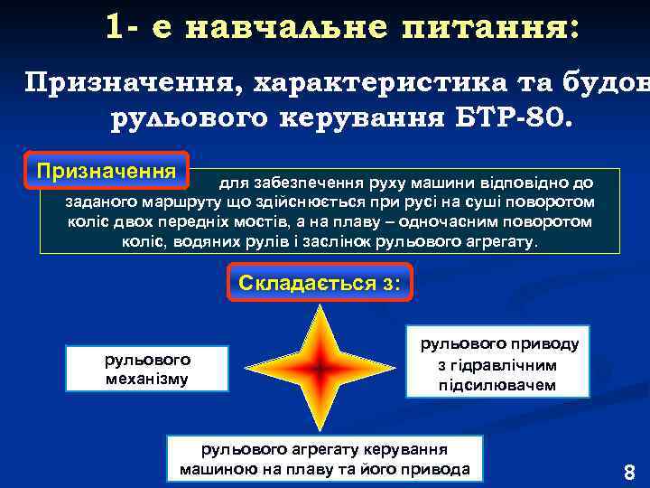 1 - е навчальне питання: Призначення, характеристика та будов рульового керування БТР-80. Призначення для