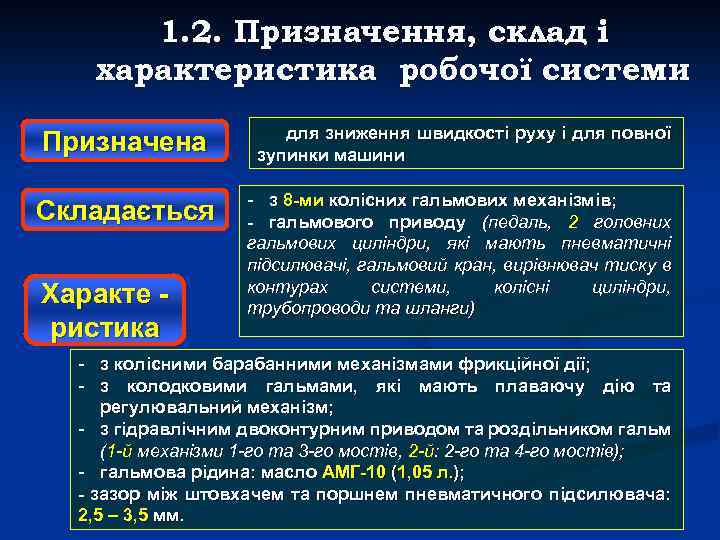 1. 2. Призначення, склад і характеристика робочої системи Призначена для зниження швидкості руху і
