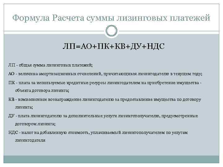Формула Расчета суммы лизинговых платежей ЛП=АО+ПК+КВ+ДУ+НДС ЛП - общая сумма лизинговых платежей; АО -