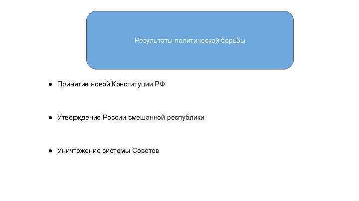 Результаты политической борьбы ● Принятие новой Конституции РФ ● Утверждение России смешанной республики ●