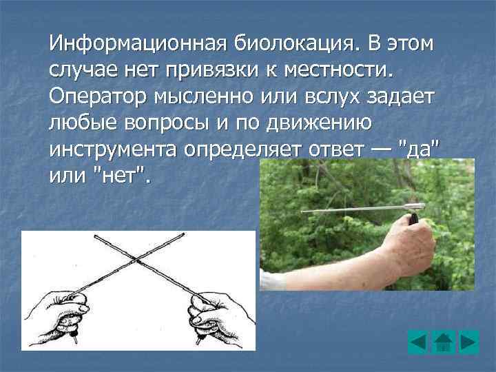 Информационная биолокация. В этом случае нет привязки к местности. Оператор мысленно или вслух задает