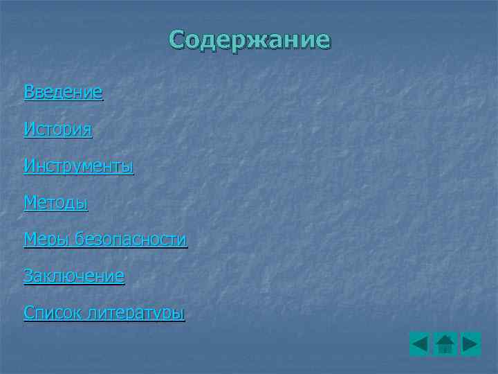 Содержание Введение История Инструменты Методы Меры безопасности Заключение Список литературы 