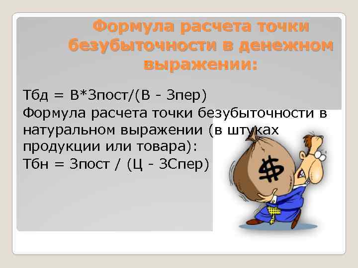 Формула расчета точки безубыточности в денежном выражении: Тбд = В*Зпост/(В - Зпер) Формула расчета