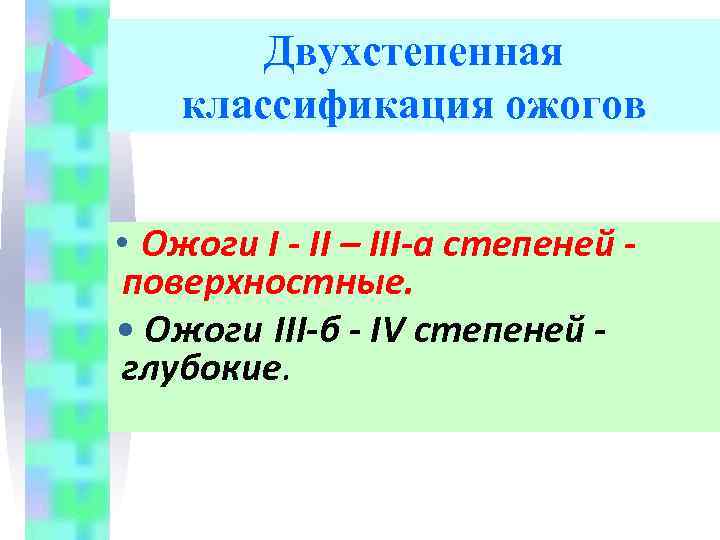 Двухстепенная классификация ожогов • Ожоги I - II – III-а степеней поверхностные. • Ожоги
