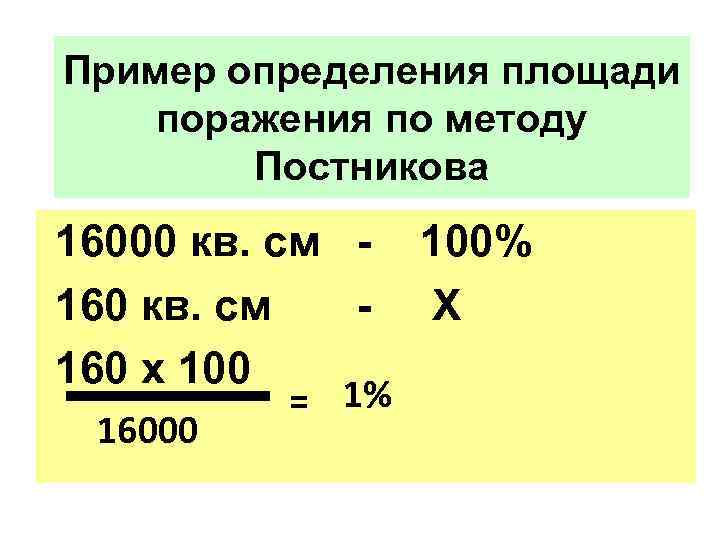 Пример определения площади поражения по методу Постникова 16000 кв. см 160 х 100 16000