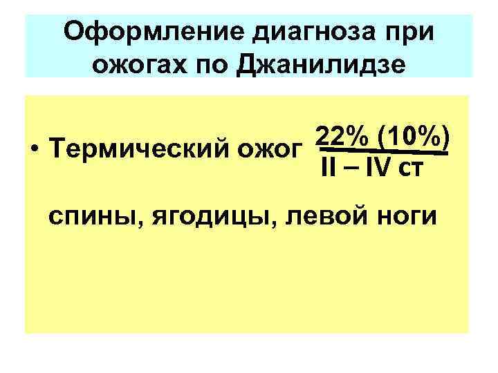 Оформление диагноза при ожогах по Джанилидзе 22% (10%) • Термический ожог II – IV