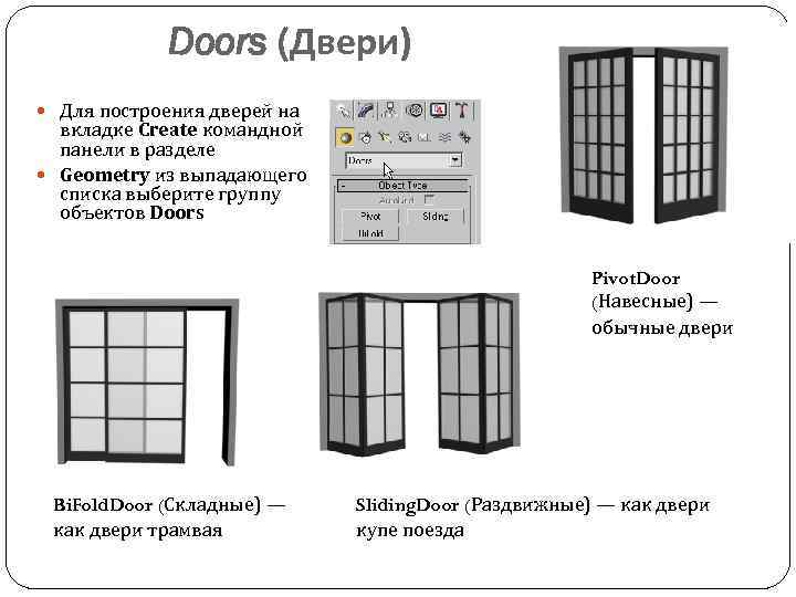Doors (Двери) Для построения дверей на вкладке Create командной панели в разделе Geometry из