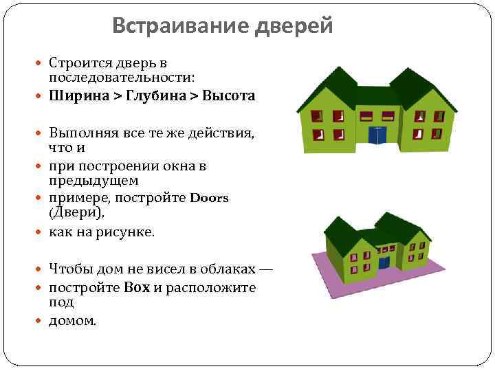 Встраивание дверей Строится дверь в последовательности: Ширина > Глубина > Высота Выполняя все те