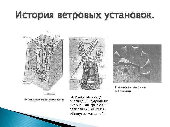 История ветровых установок. Греческая ветряная мельница Персидская ветренная мельница Ветряная мельница голландца Эдмунда Ли.