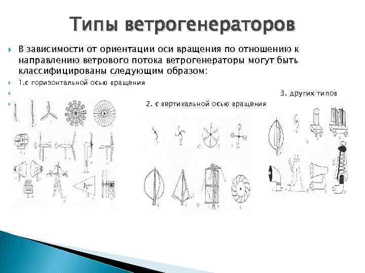 В зависимости от ориентации на. Типы ветрогенераторов. Типы ветродвигателей. Типы ветротурбин. Принцип работы ветрогенератора с вертикальной осью вращения.