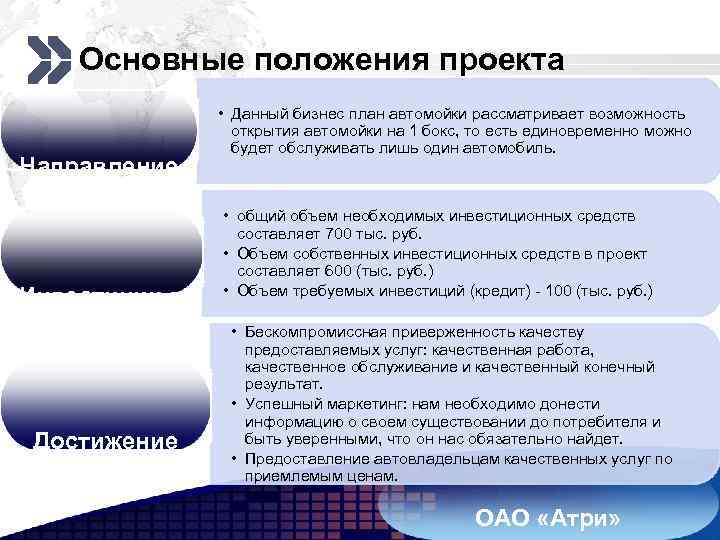 Add your company slogan Основные положения проекта Направление бизнеса Инвестиции в проект Достижение успеха