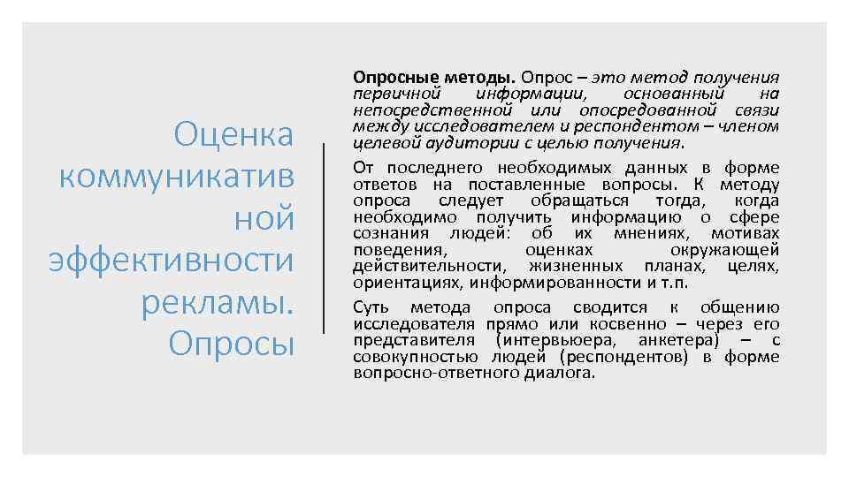 Оценка коммуникатив ной эффективности рекламы. Опросы Опросные методы. Опрос – это метод получения первичной