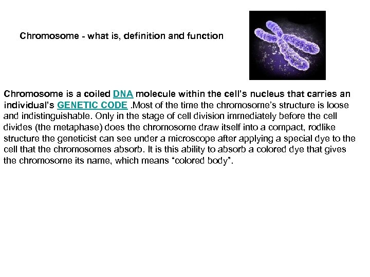 Chromosome - what is, definition and function Chromosome is a coiled DNA molecule within