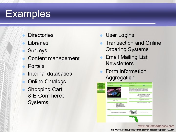 Examples l l l l Directories Libraries Surveys Content management Portals Internal databases Online