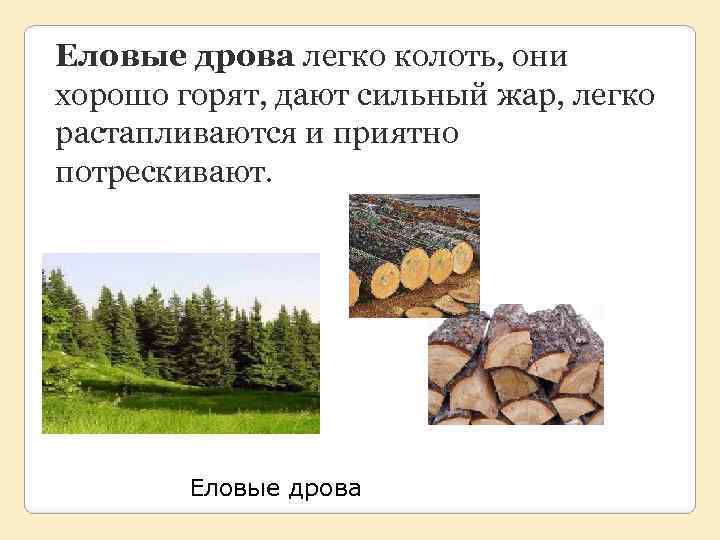 Еловые дрова легко колоть, они хорошо горят, дают сильный жар, легко растапливаются и приятно